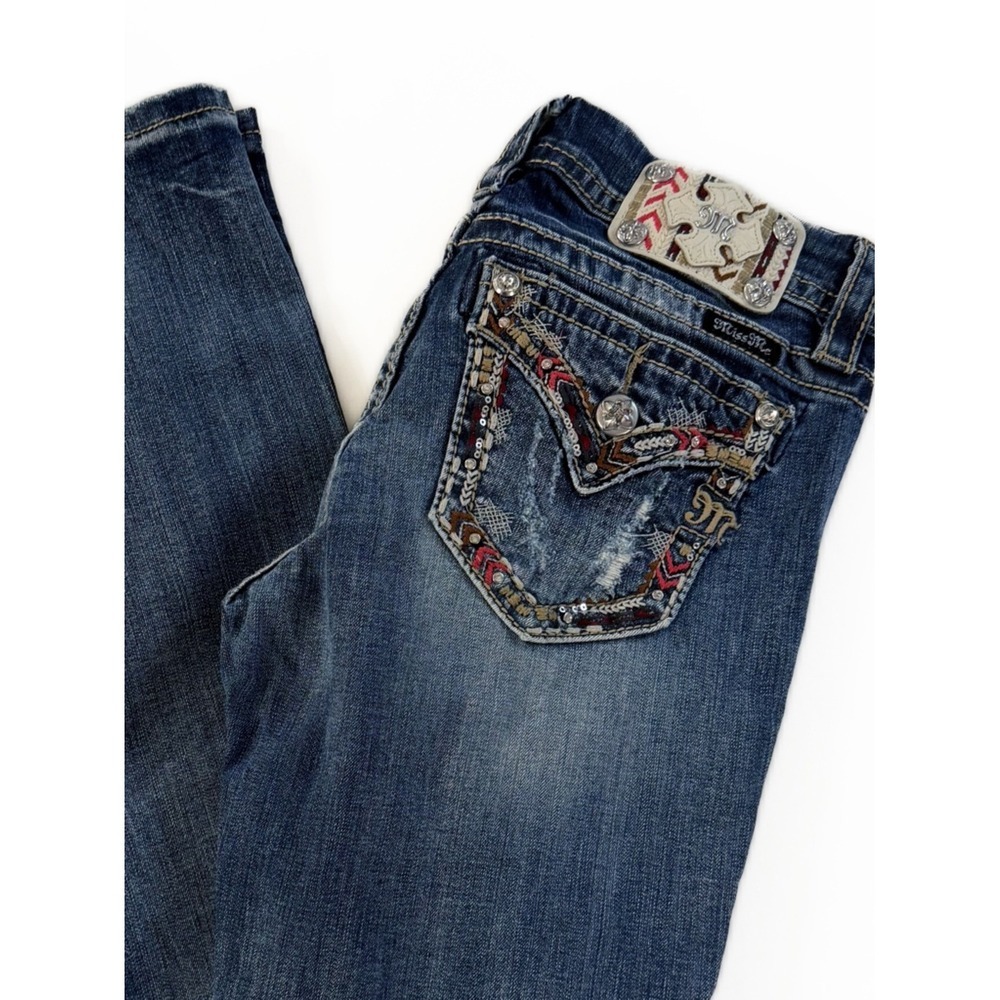 Miss Me Y2K Jeans Womens 26 Mid Rise Easy Boot Flap Pockets Jewels Bootcut